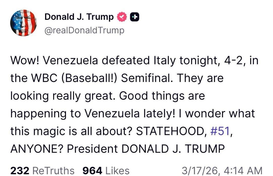 美国总统特朗普祝贺委内瑞拉在世界棒球赛的半决赛中击败了意大利，夸赞他们表现得非常
