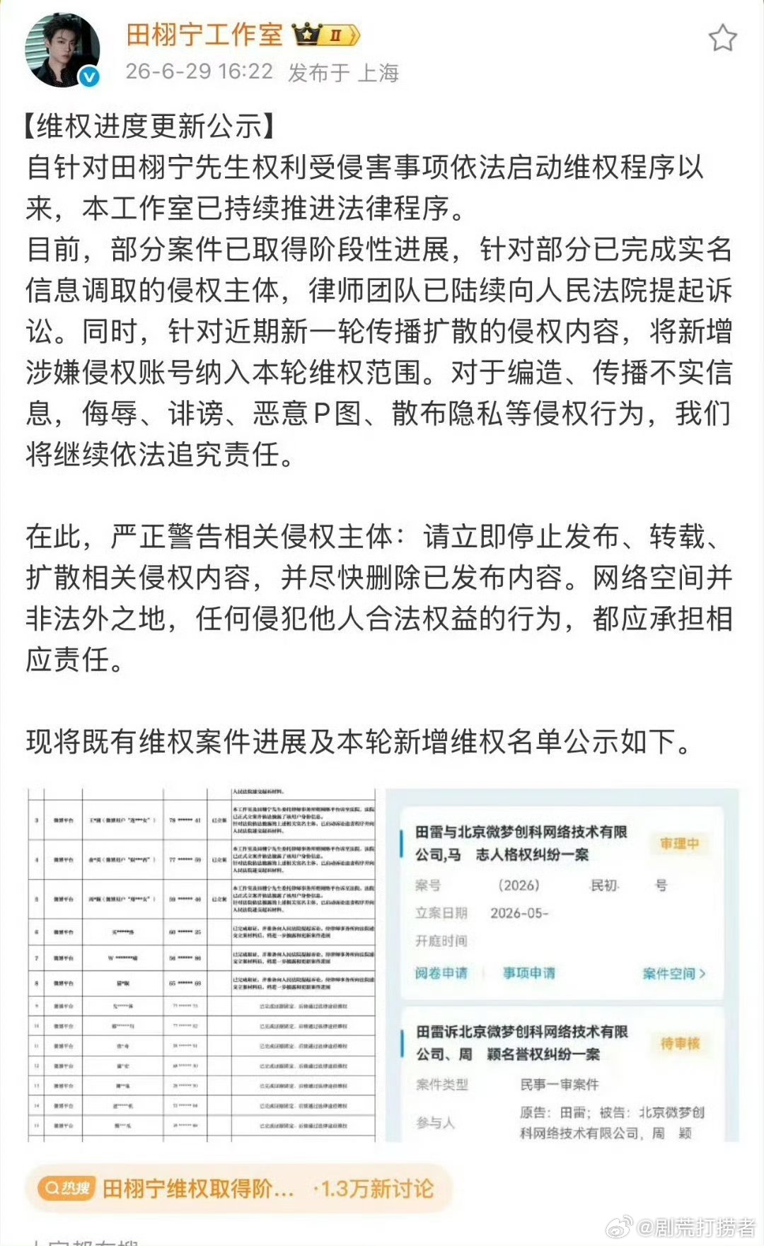 田栩宁没有义务包容某些侵犯隐私的违法行为，现在网络上造谣的成本太低了而告黑维权的