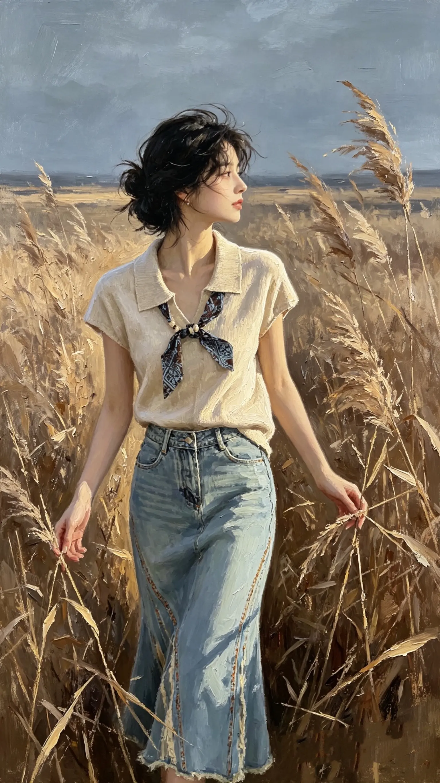 刚洗完的衬衫还带着皂香，随手系的领结歪歪扭扭。踩进苇丛时，穗子扫得脚踝...