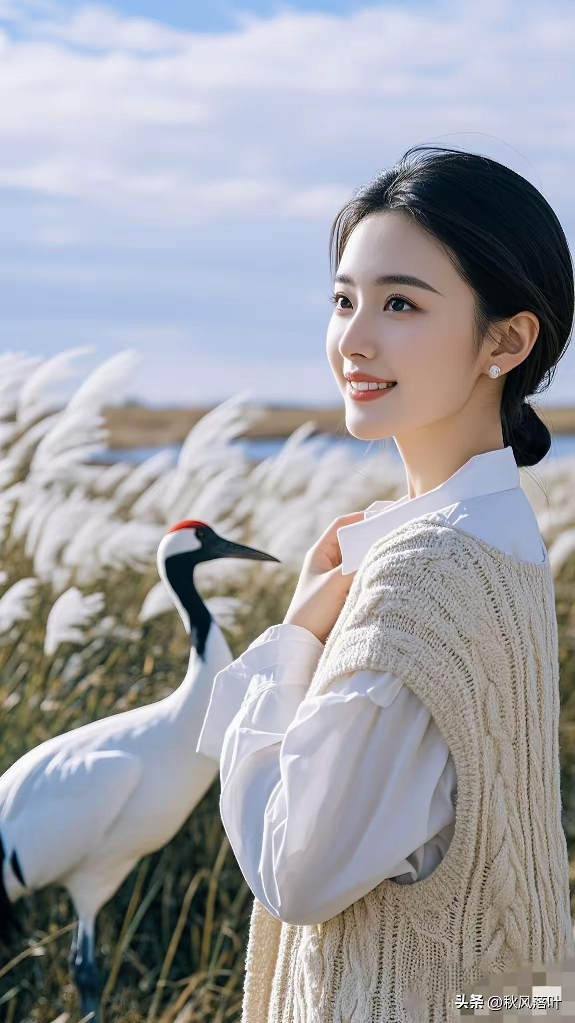 女孩在田野里微笑，白鹤在身旁。