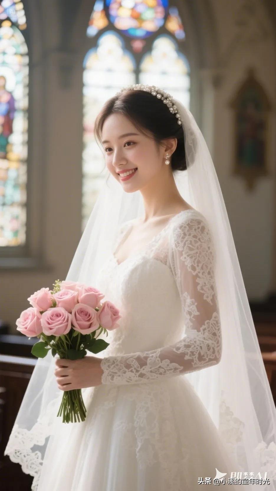美丽新娘穿着白色蕾丝婚纱，手捧粉色玫瑰捧花