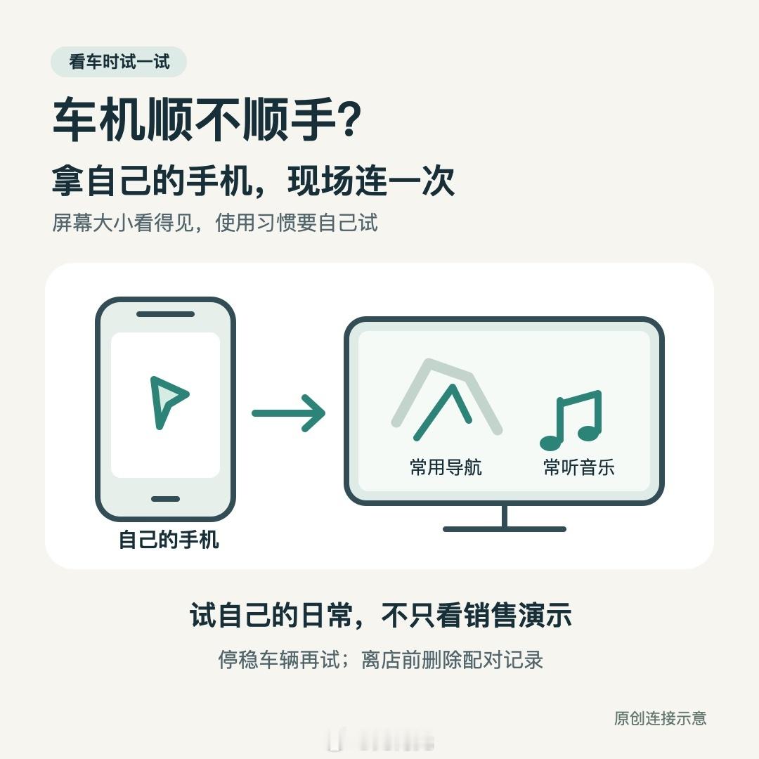 看车时，先问清车机能不能连自己的手机。能连的话，停稳试试常用导航和音乐，别只看销