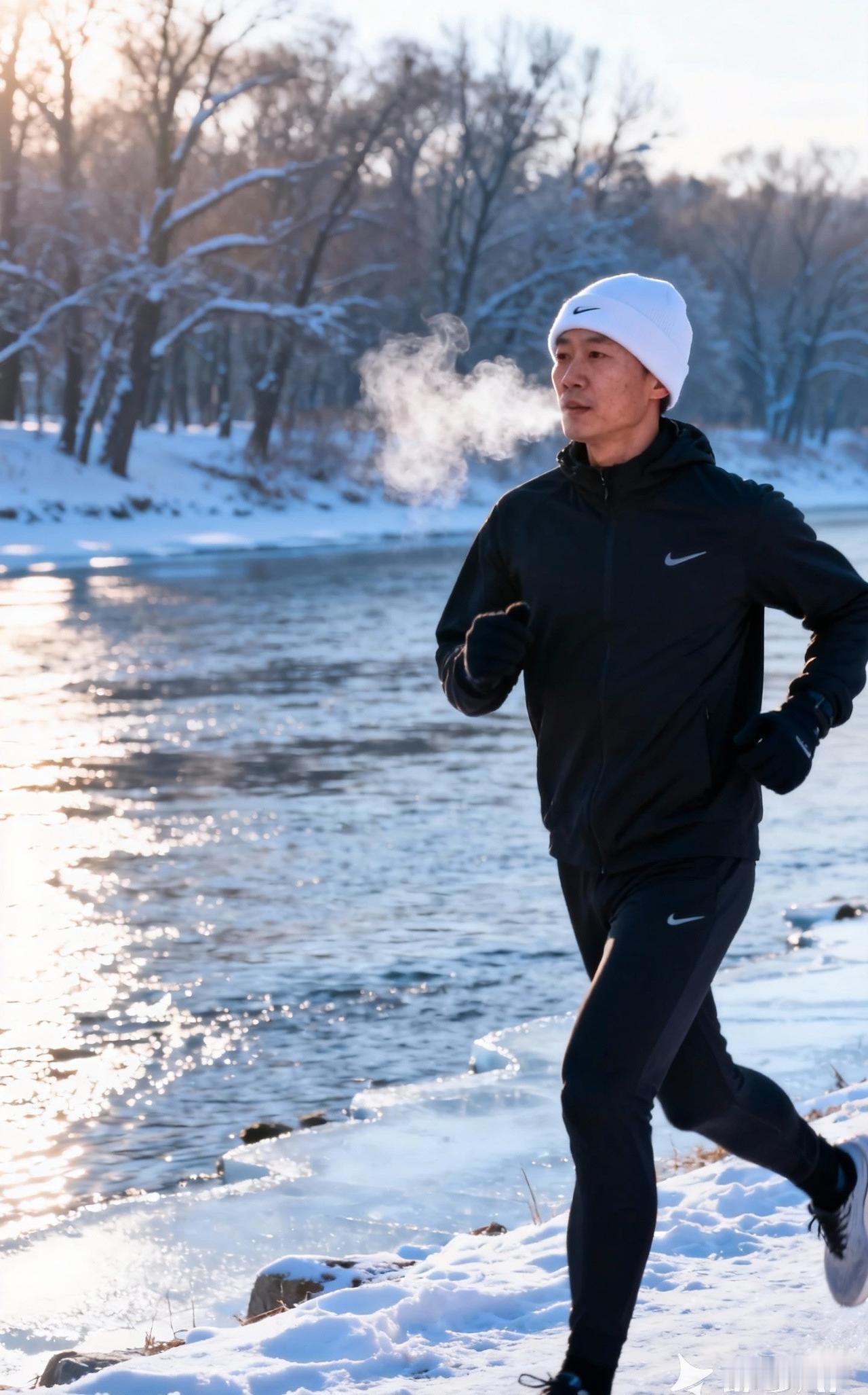 冬日生活打卡季清晨的河边，一位身穿黑色运动服、头戴白色帽子的跑者在雪地中奋力前行