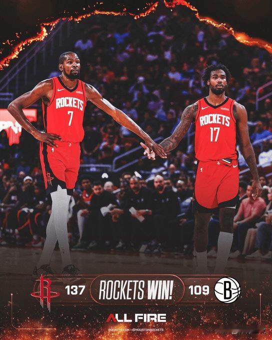 火箭终于迎来首胜啦！10月28日常规赛，火箭主场137 - 109大胜篮网。这场