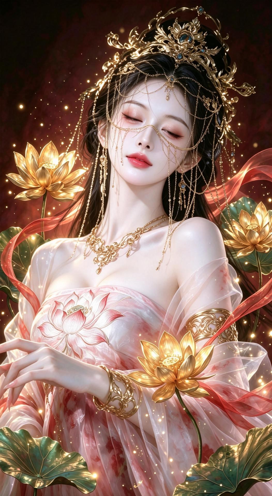 AI鎏金莲花氛围 ai红莲神女 ai神女踏莲影 唯美仙侠画风