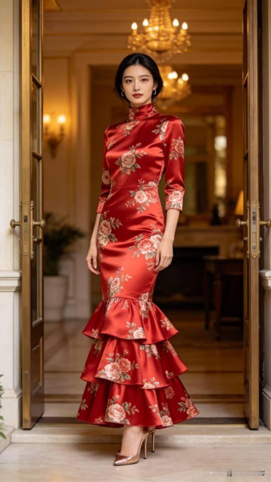 优雅的红裙女子，尽显东方韵味！连衣长裙 美女壁纸