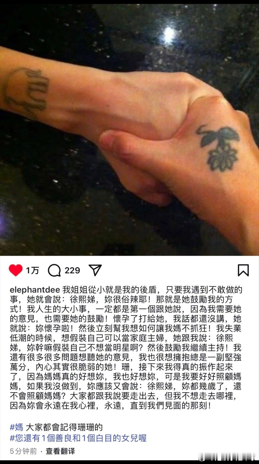 小S发了和大S握紧手掌的照片每次看大s的视频都是满满的正能量，她真的是很坚定的一
