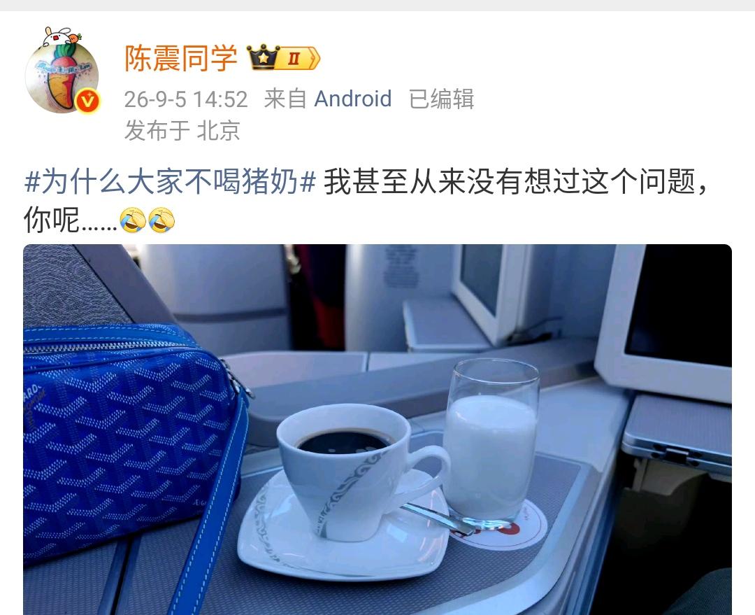陈震：为什么大家不喝猪奶 我甚至从来没有想过这个问题，你呢……[允悲][允悲] 