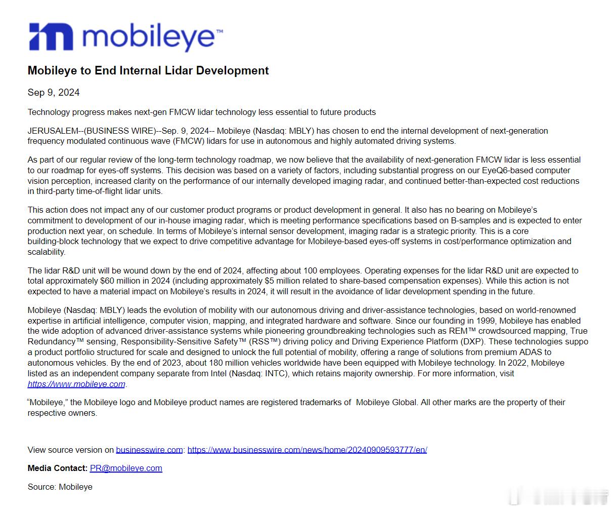 Mobileye决定终止激光雷达研发[喵喵] ​​​