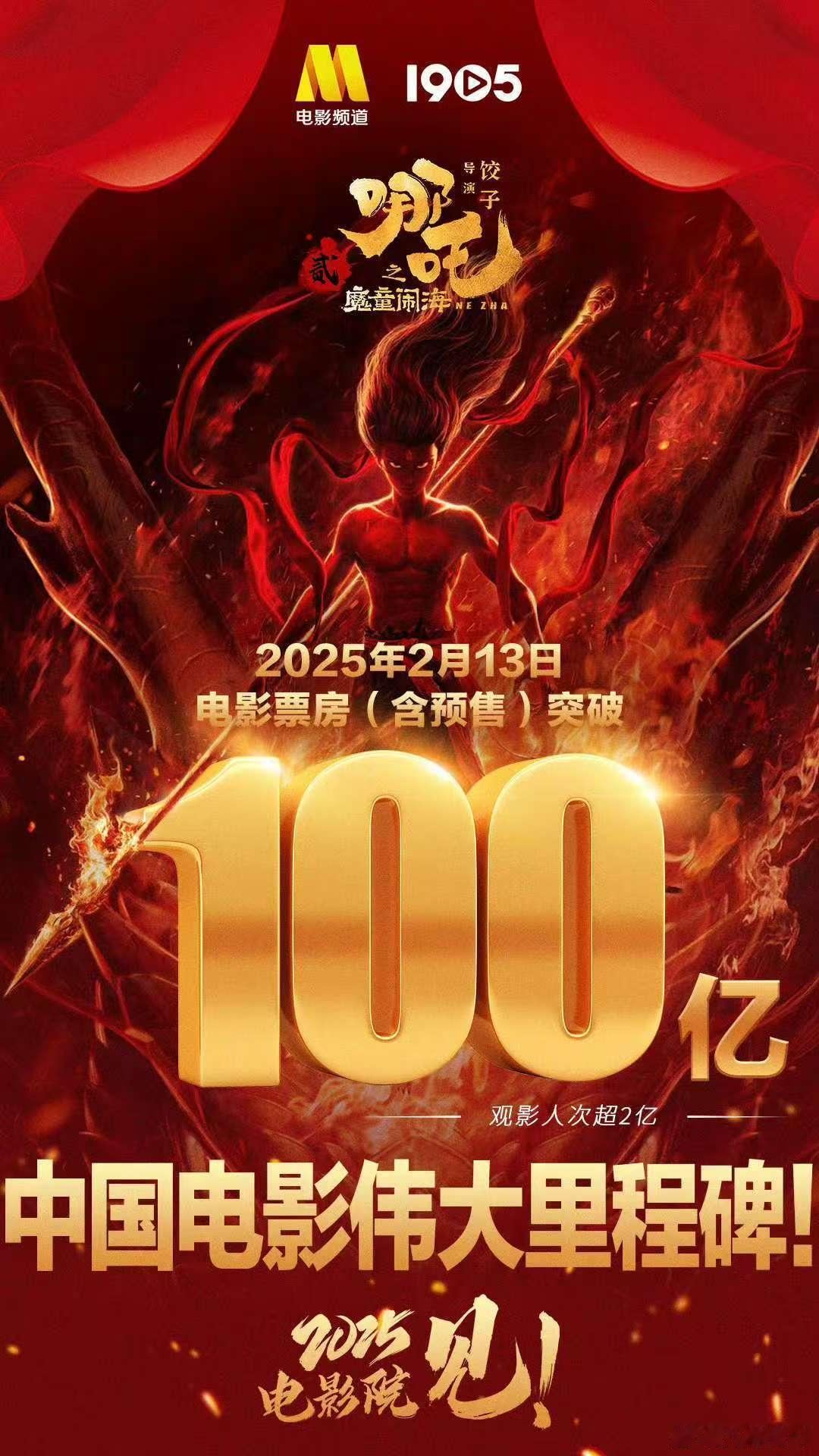 祝贺哪吒2票房破100亿 恭喜吒儿破百亿，太震撼了 