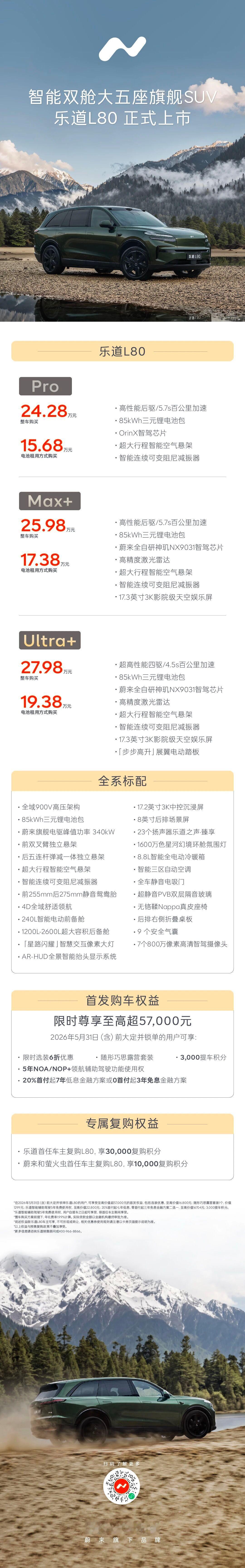 乐道汽车L80价格来了，推荐Max+版本，整车购买25.98万、租电BaaS购买