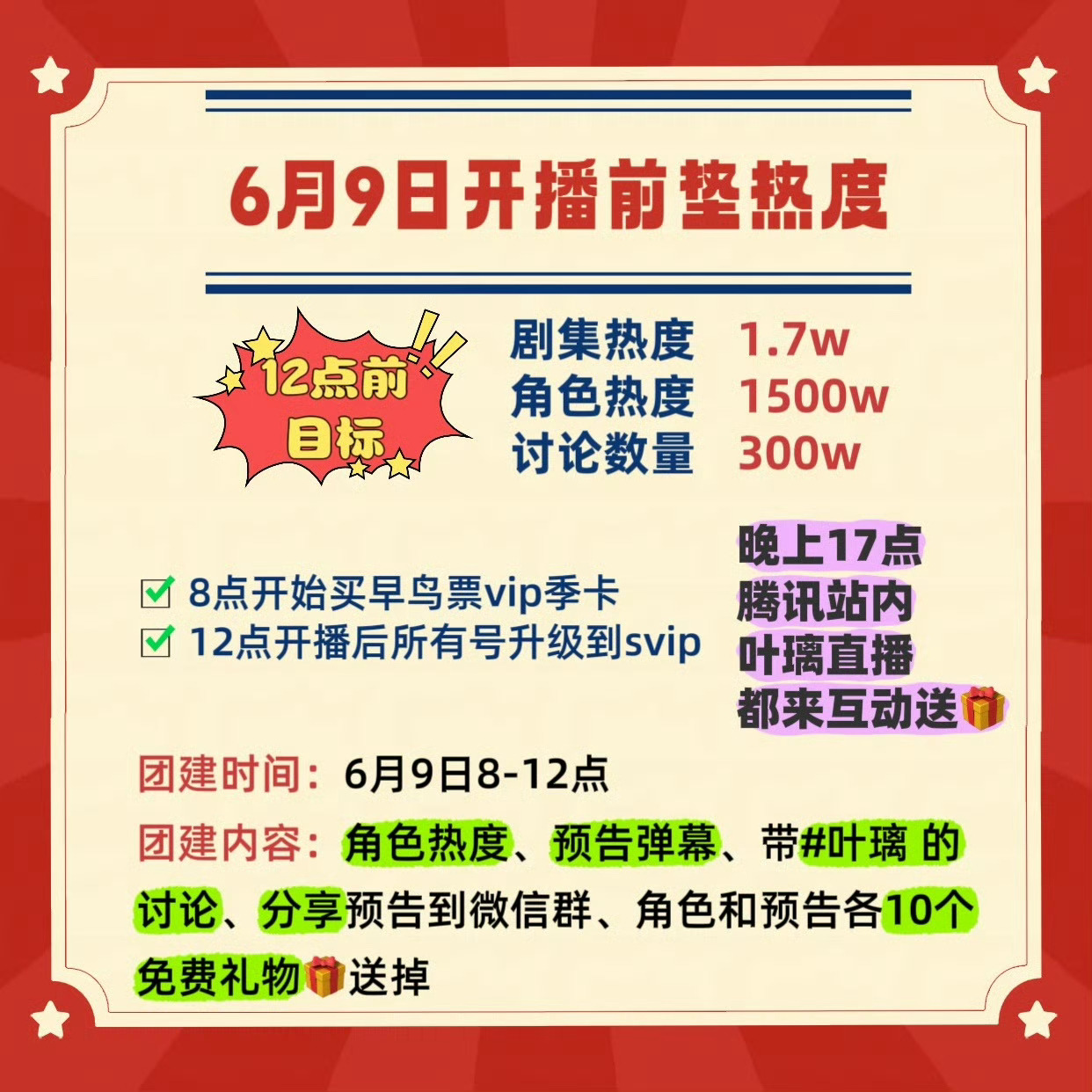 14353朋友们人家播前垫到1.6w到1.7w我们还差的远呢！！快去站内垫热度 