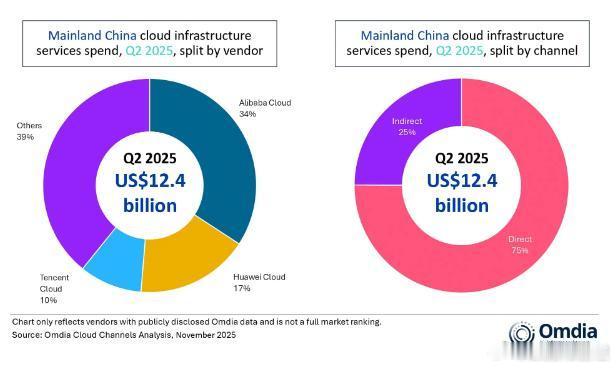 中国大陆云基础设施服务市场在2025年第二季度达到124亿美元，同比增长21%，