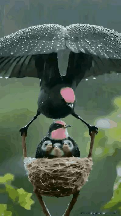 万物皆有灵性，看看吧，雄鸟也知道在大雨来临之时，用自己的翅膀为老婆孩子撑起一片天