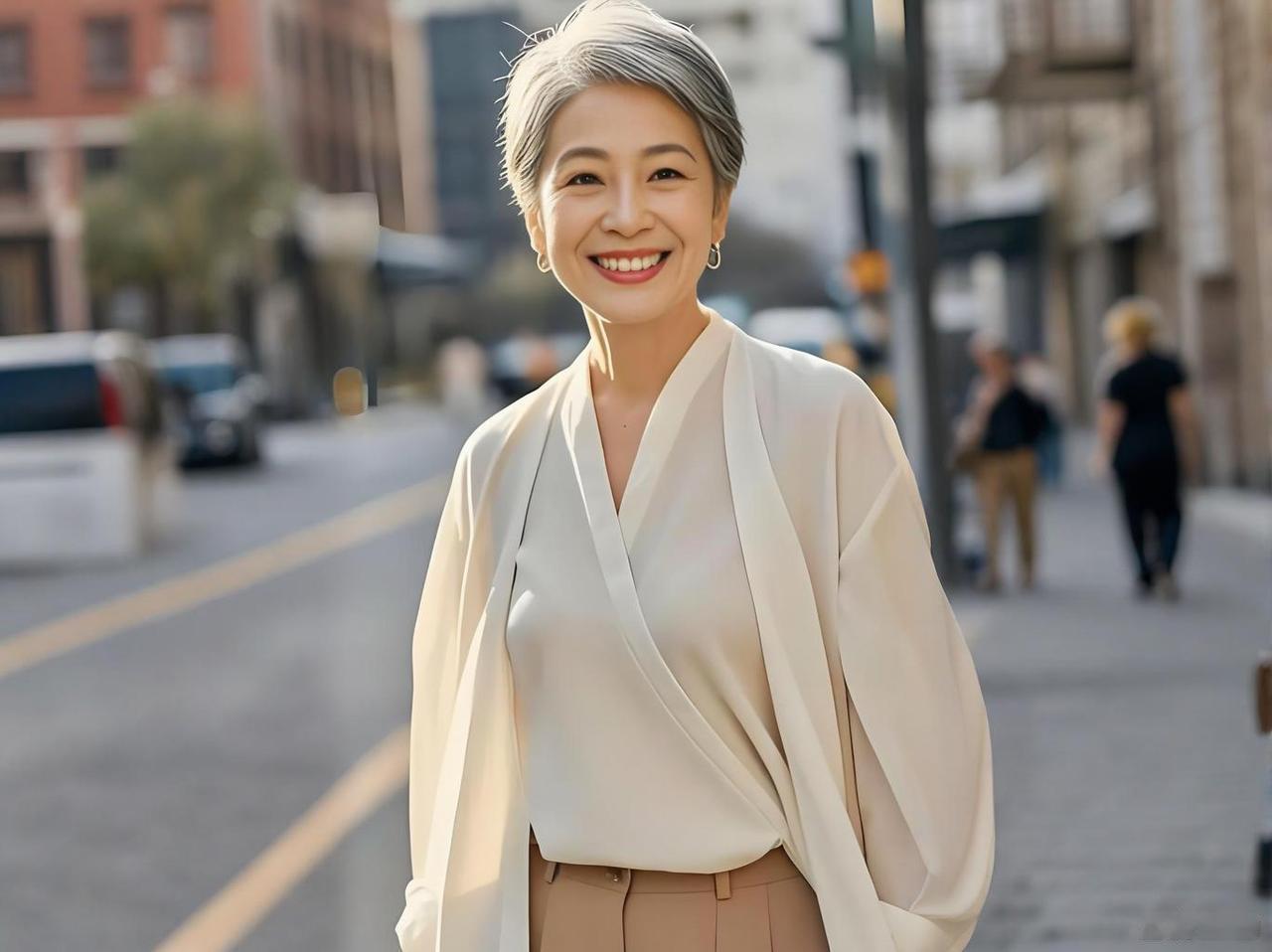 刷到一张照片，被一位近70岁的阿姨惊艳到了。

满头银发没有一丝杂色，梳得整齐利