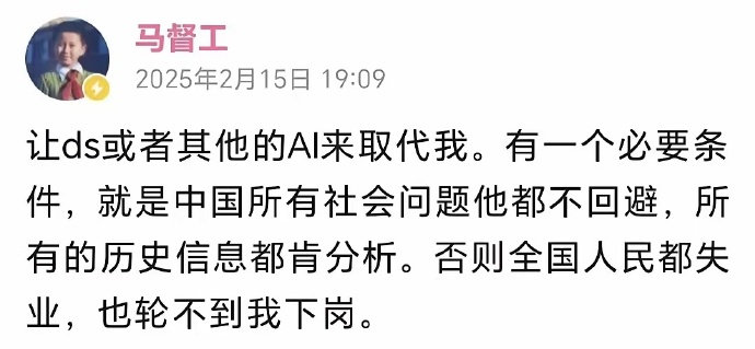 ds确实没办法取代马督工，毕竟不管是AI还是其他什么人，让他们舔个大B脸，瞪俩淡