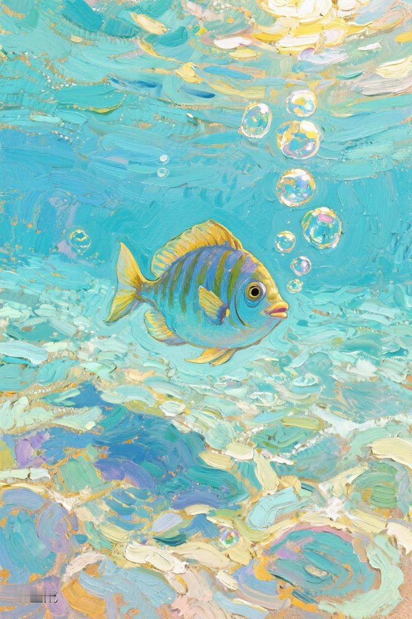 AI随心绘在蓝色海洋里，一条鱼悠然游弋，那些气泡，似是生活里的点点梦想✨