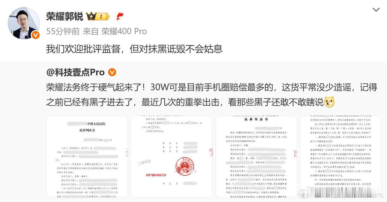 博主造谣荣耀被判赔30万元网络不是法外之地，发言自由不等于口无遮拦。支持荣耀维权