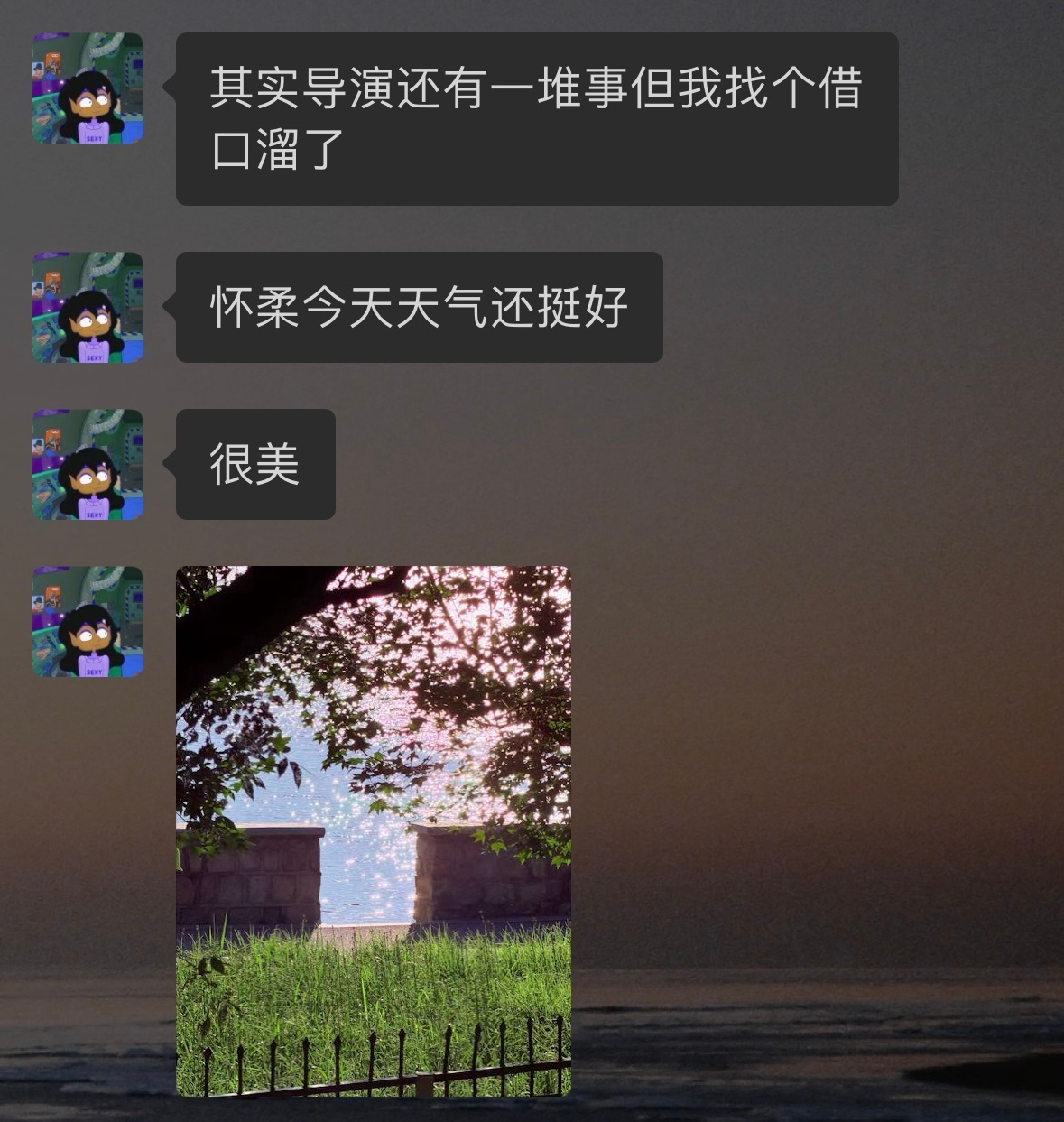 半个月前妹妹给我发消息说她又在怀柔，当时我的第一情绪反应是受宠若惊，第二反应是感