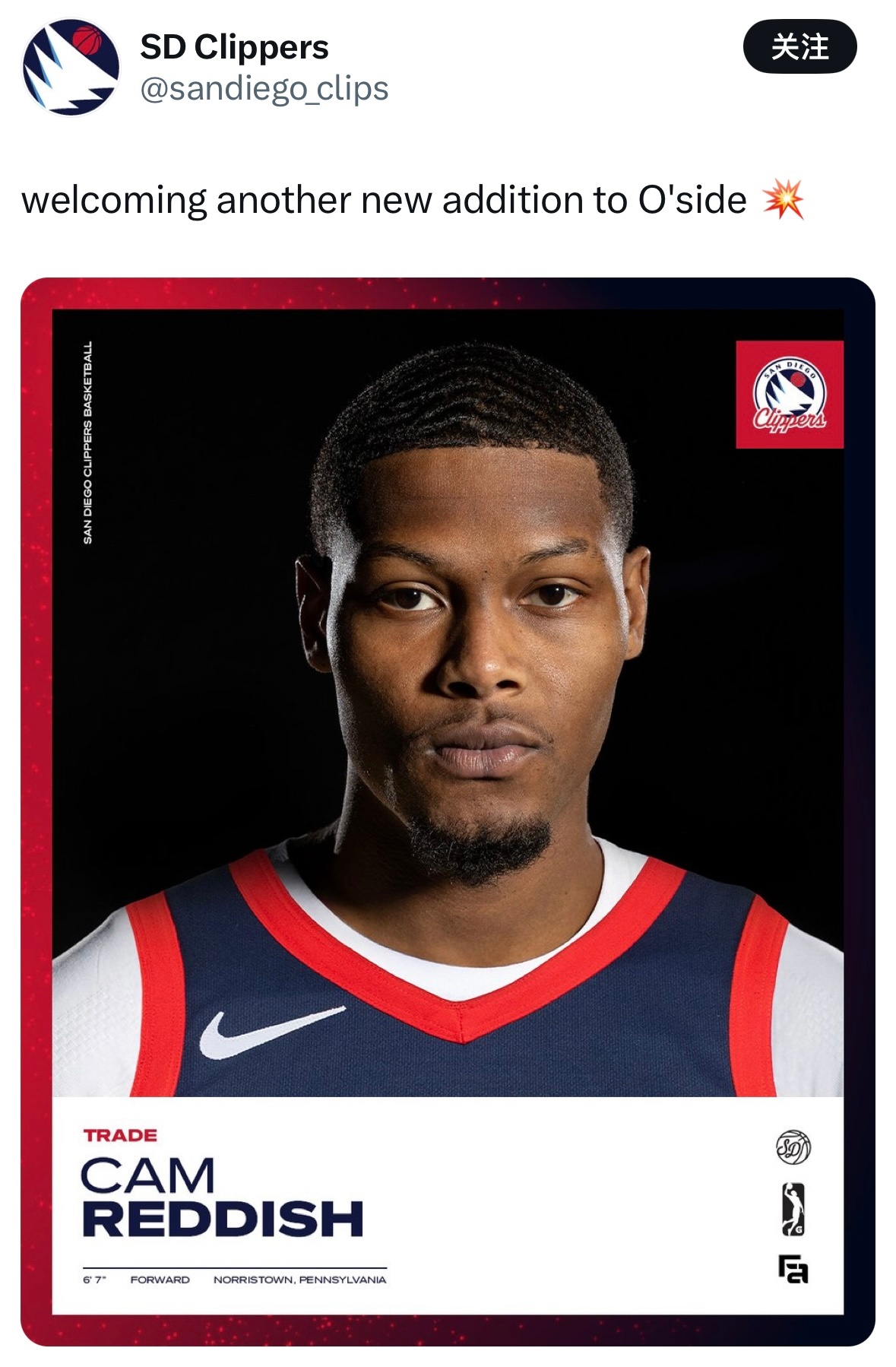 重返洛杉矶！雷迪什加盟洛杉矶快船队的发展联盟附属球队—圣地亚哥快船队。 