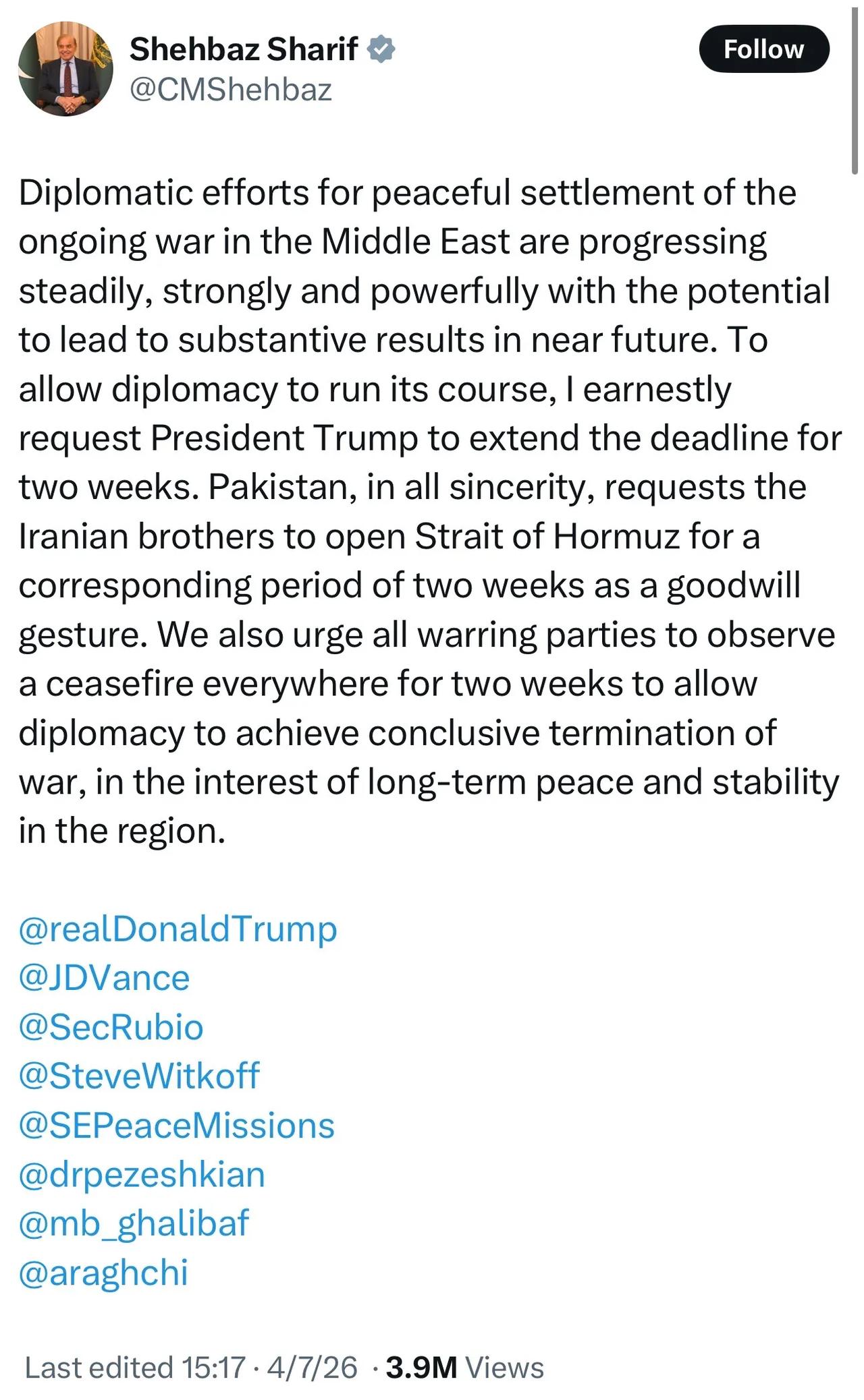 巴总理提议：特朗普延长最后期限，伊朗开放海峡，中东停火两周
 
4月8日凌晨，这