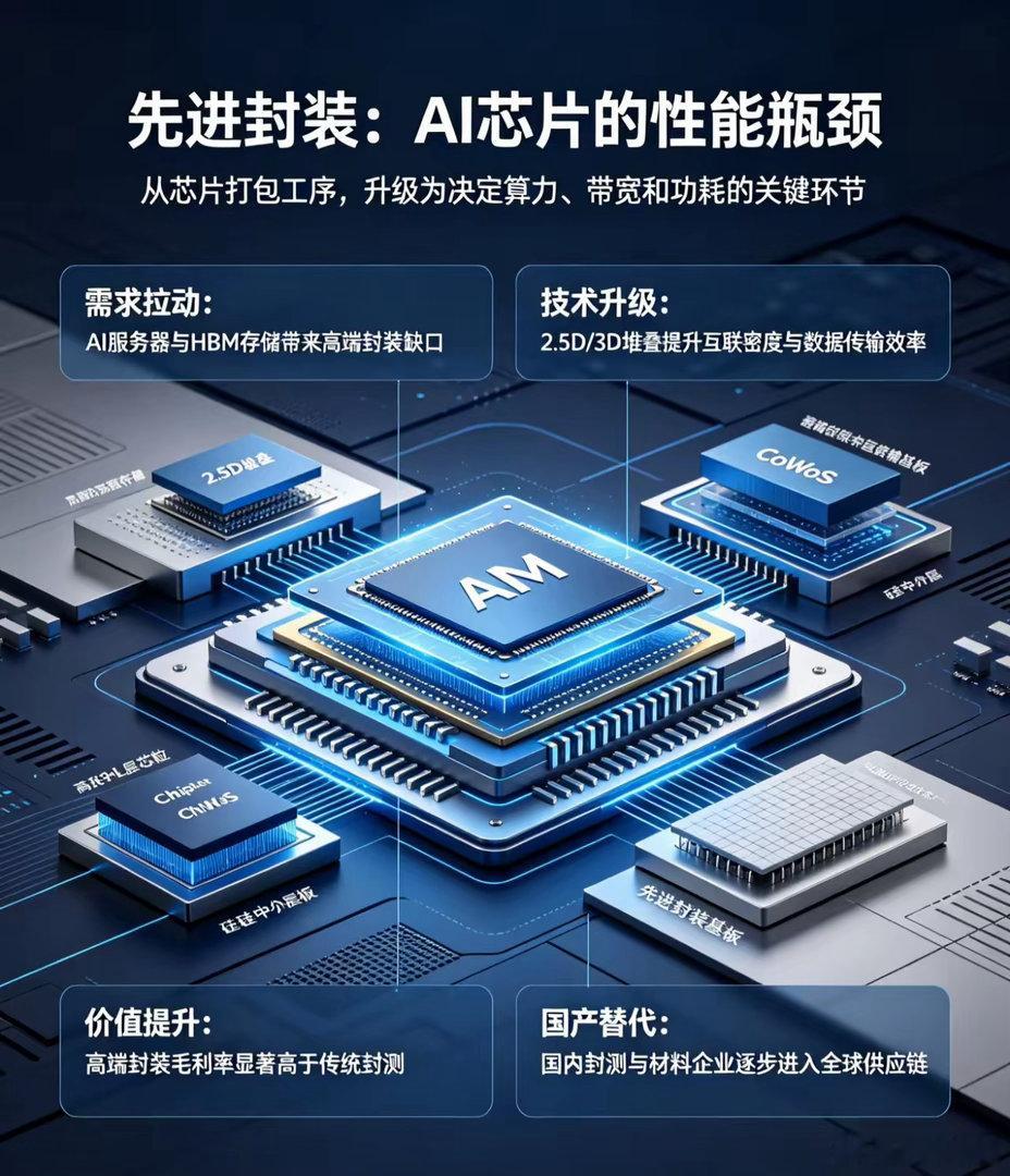 先进封装彻底进入业绩兑现主升浪，取代传统封测成为半导体最强主线。行业景气度炸裂：