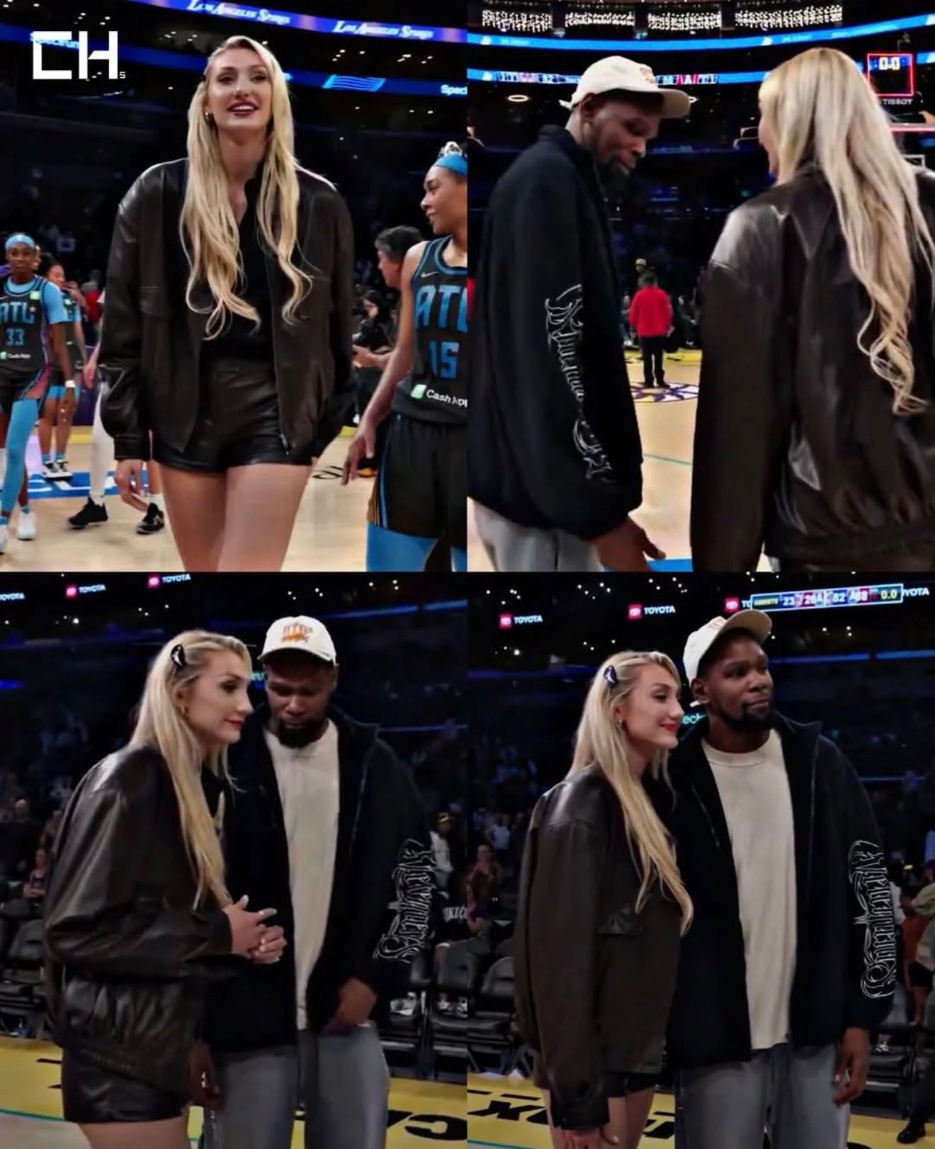 郎才女貌！KD忍不住一直盯着卡梅隆·布林克的腿看。 