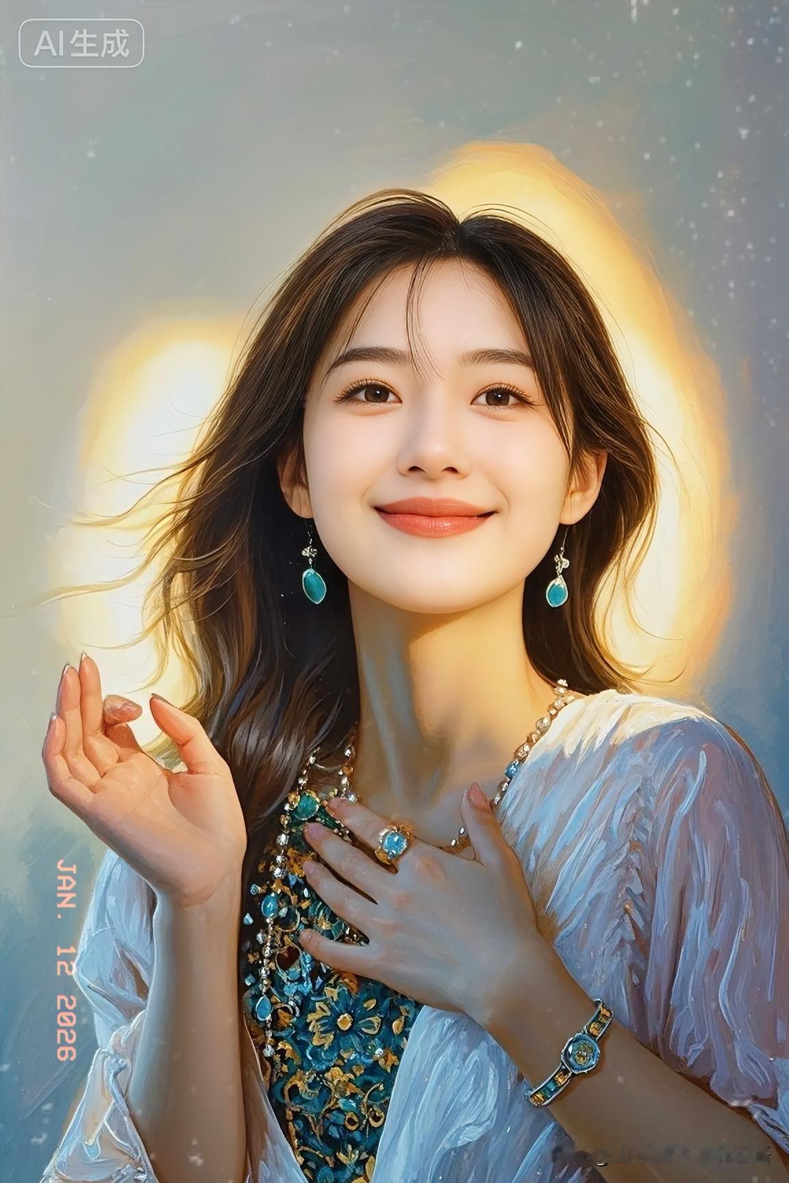 两眼含笑，掌心向光，一袭素裙配宝石点缀，苏晚晴这般温柔到骨子里的气质，谁看了不心