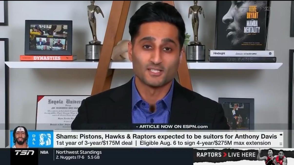 shams：“东部有三支球队将会对安东尼·戴维斯展开追求，他们分别是活塞、猛龙和