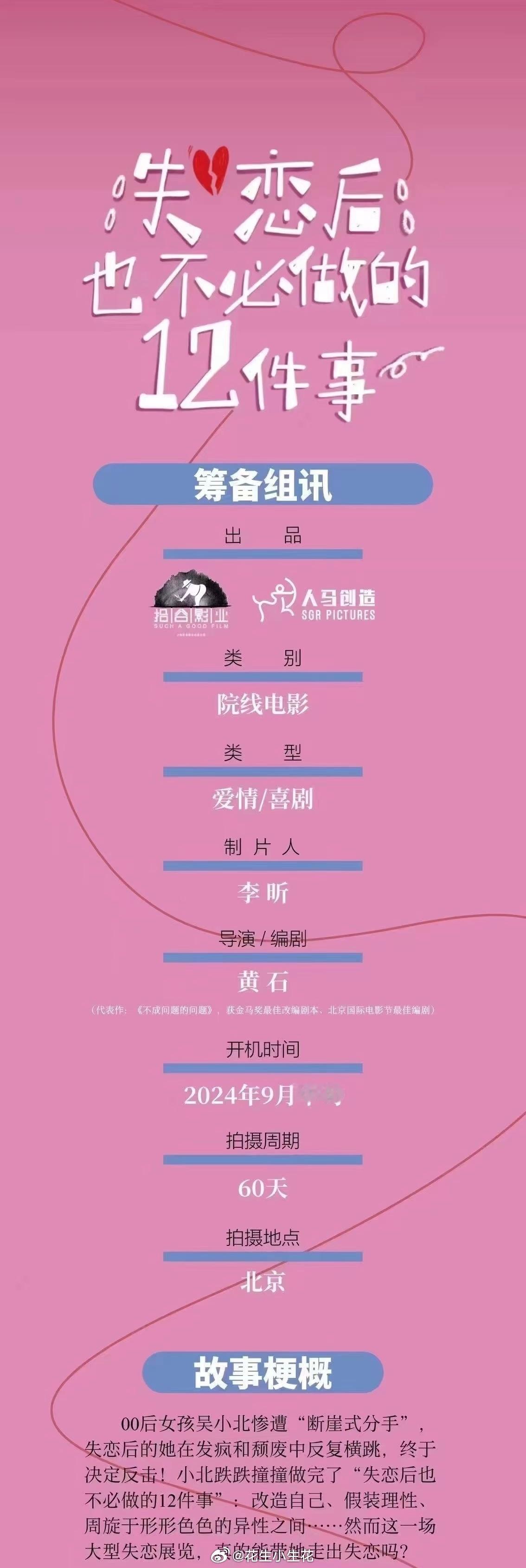 电影《失恋后也不必做的12件事》今日开机主演：庄达菲、王安宇、敖子逸、刘美含、赵