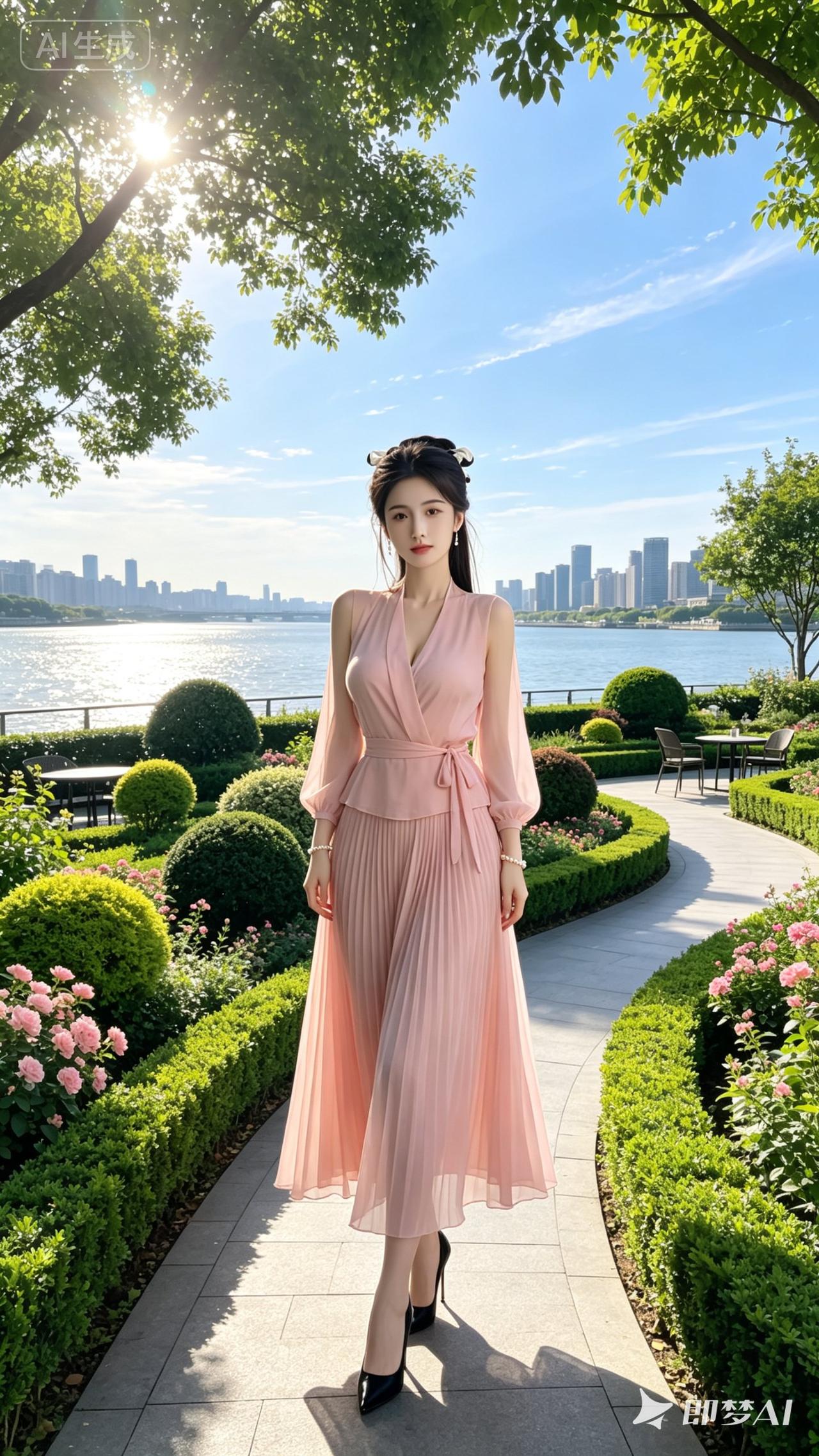 在阳光明媚的公园里，穿着粉色长裙的优雅女子，享受着宁静的时光。