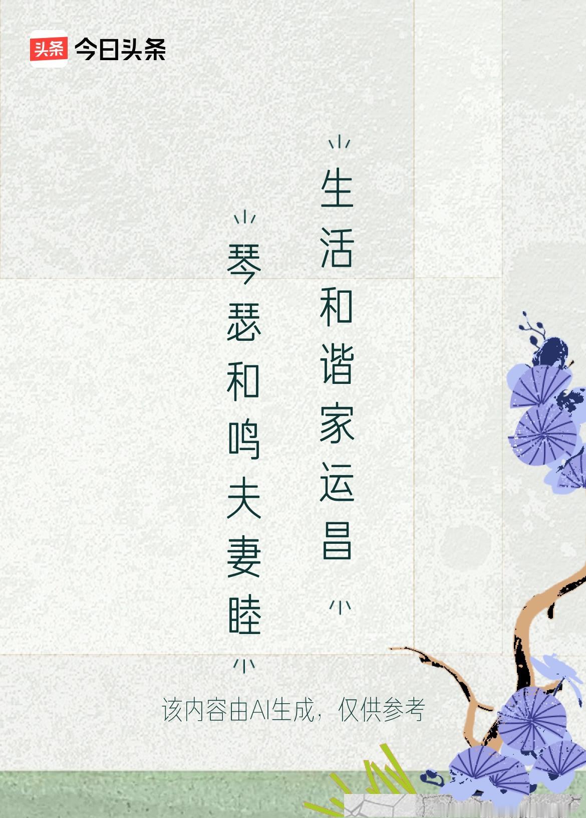 微头条《原创》
上联：琴瑟和鸣夫妻睦
下联：生活和谐家运昌

该对联意境为：以“
