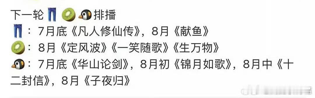 下一轮鹅桃酷的排播瓜酷想看凡人修仙传，桃想看生万物，鹅是子夜归 ​​​