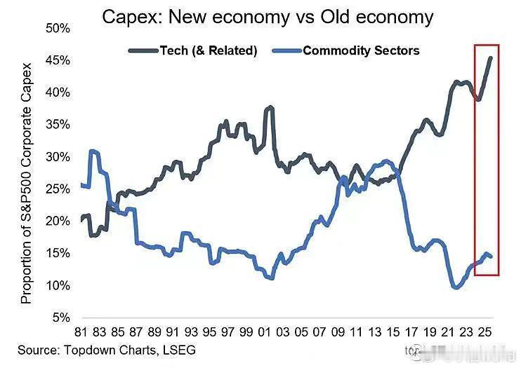 标普500企业资本支出（Capex）在新经济与旧经济领域分布对比的折线图：领域 
