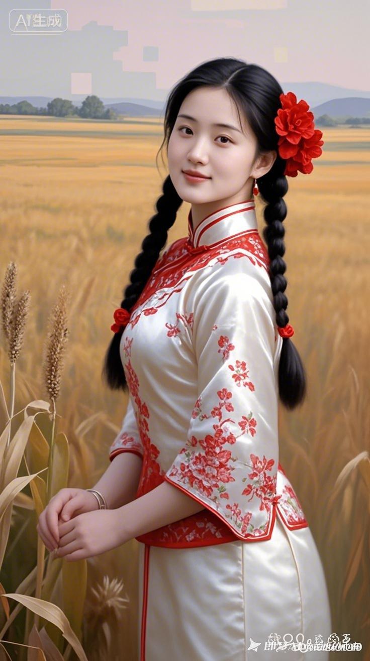 田野中的少女，红衣飘逸，花海相伴，美不胜收！🌾🌸💕