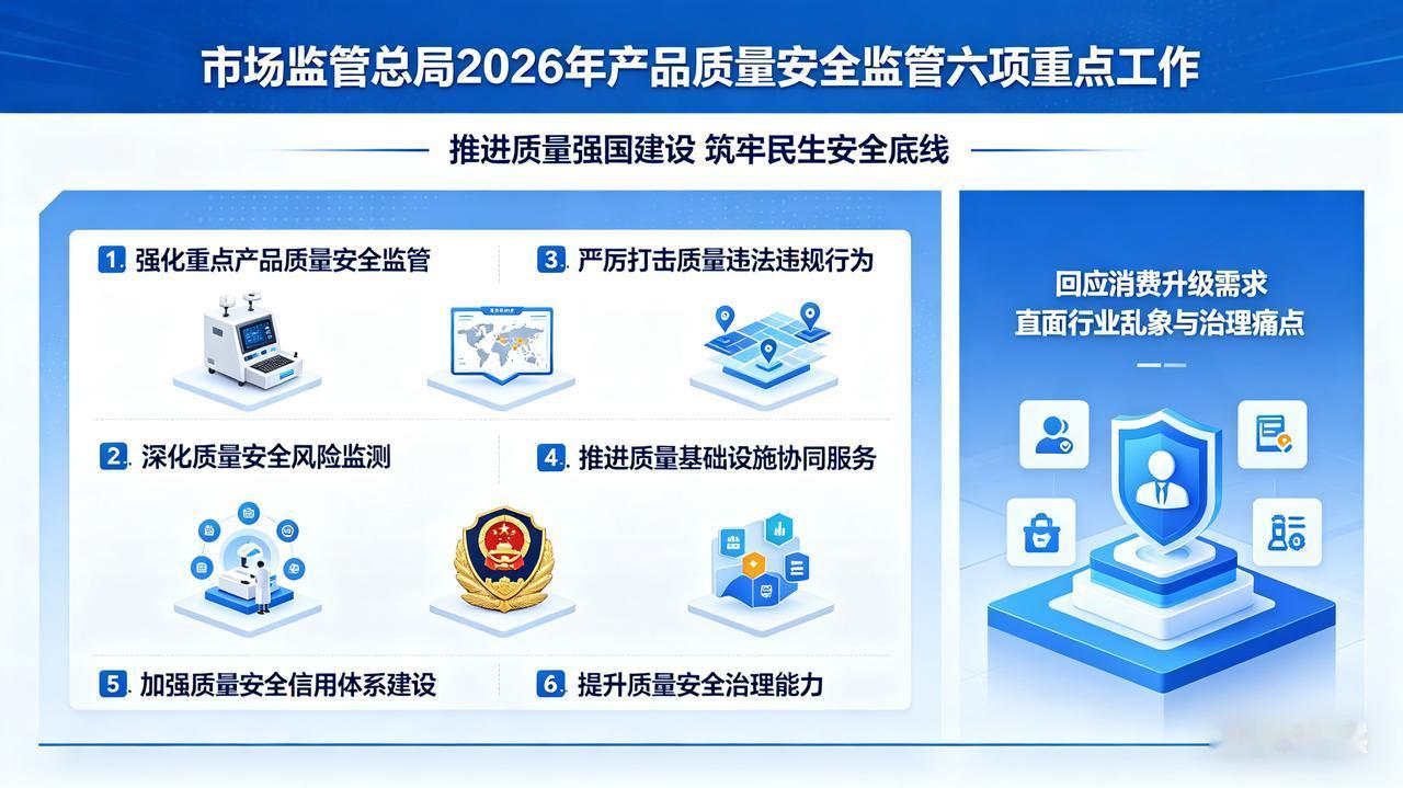 市场监管总局发布的2026年产品质量安全监管六项重点工作，是推进质量强国建设、筑