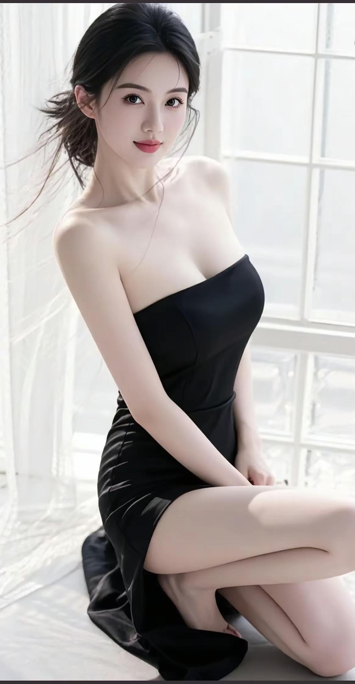 优雅黑裙，柔美姿态，阳光下的迷人风采