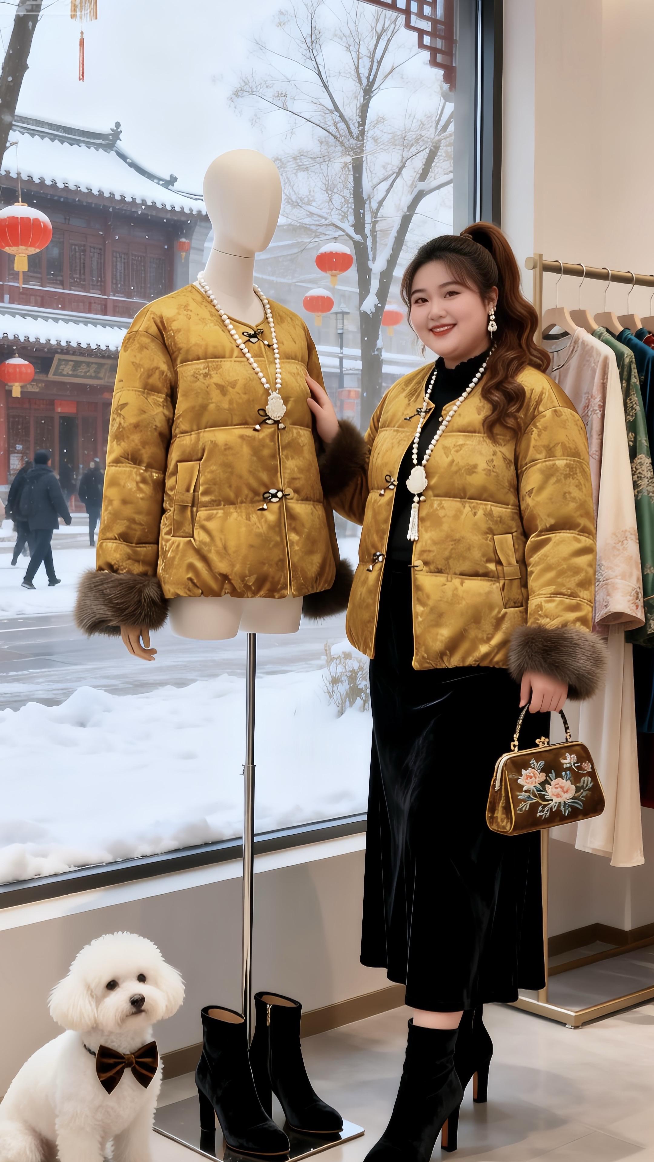 大码女装 国风棉服胖妹妹的冬季有效穿搭新年好运红我先穿上了 棉服也能穿出时尚感