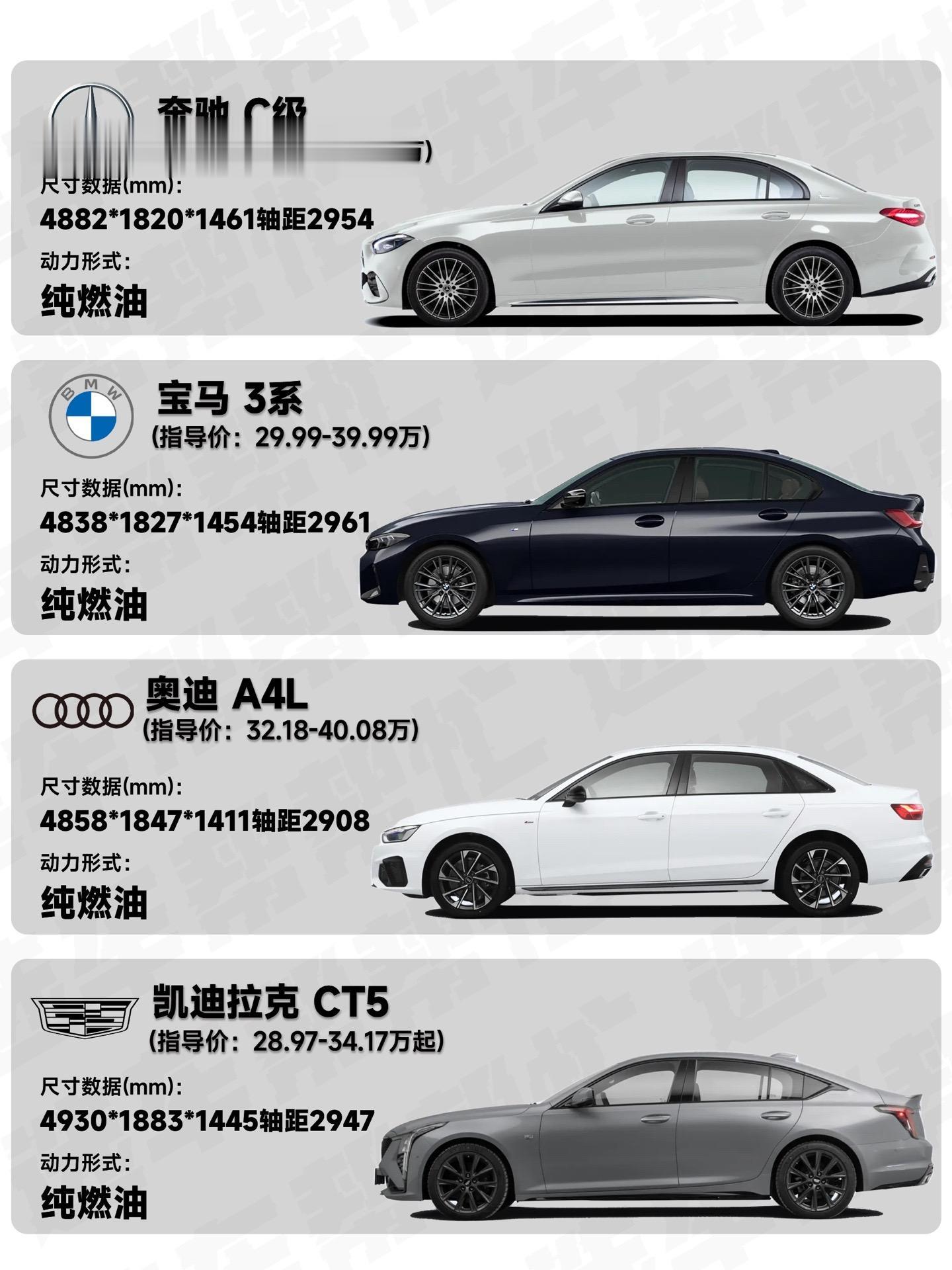 35万买轿车你还会优先考虑BBA吗❓。前天有位姑娘问，想买个轿车开🚗，预算在35万左右。看了一些电车都不是很喜欢，还是比较喜欢BBA的外观，看了CT5觉得也还行主要是便宜。想知道这几款车该怎么选，选什么配置合适❓ 
🌟目前推荐的车有4款
1️⃣奔驰 C260L 运动版
2️⃣宝马 325Li 运动曜夜套装
3️⃣奥迪 A4L 40TFSI豪华动感型
4️⃣凯迪拉克 CT5 28T铂金版 
🌈动力方面
C260L：1.5T四缸发动机204马力+9AT
325Li：2.0T四缸发动机184马力+8AT
A