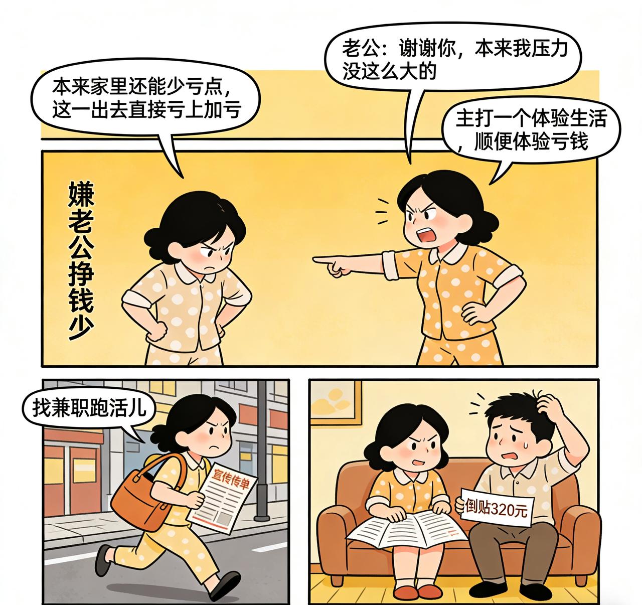 笑不活了！天津女子嫌老公挣钱少，非要出去赚钱，结果两天倒贴320元。
天津一女子