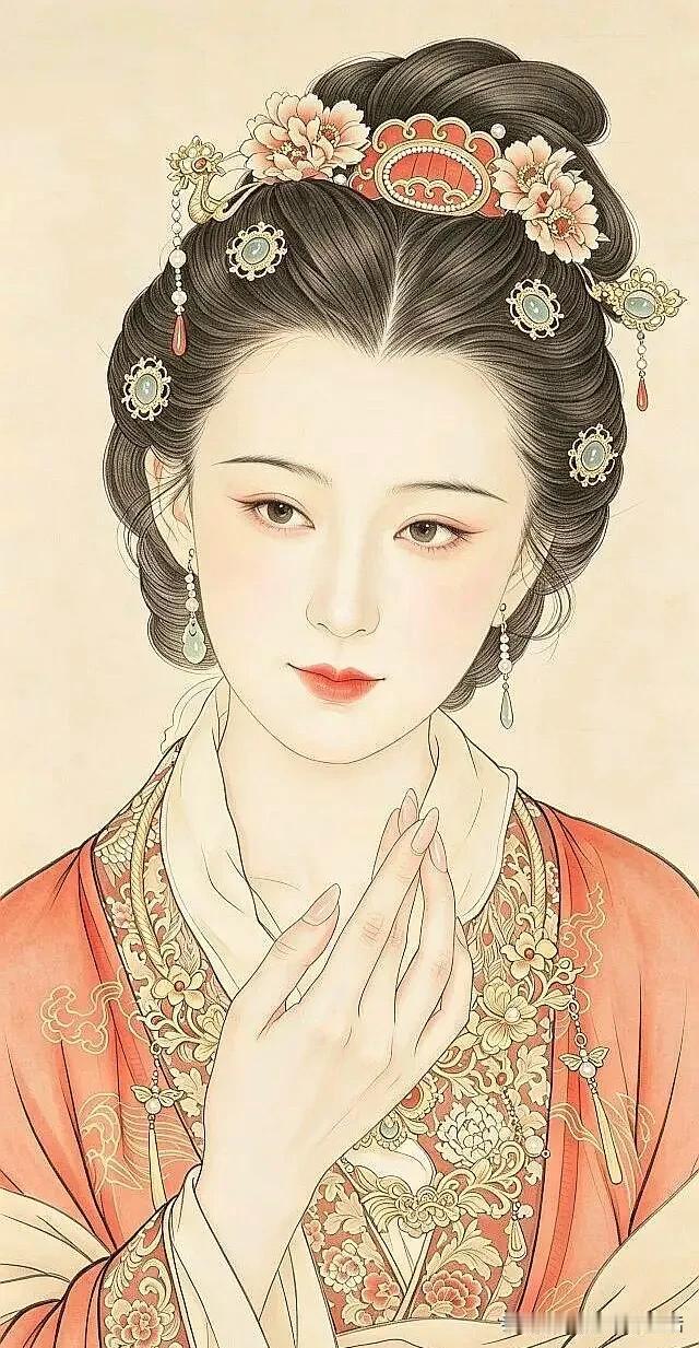 仕女彩图加白描勾线图