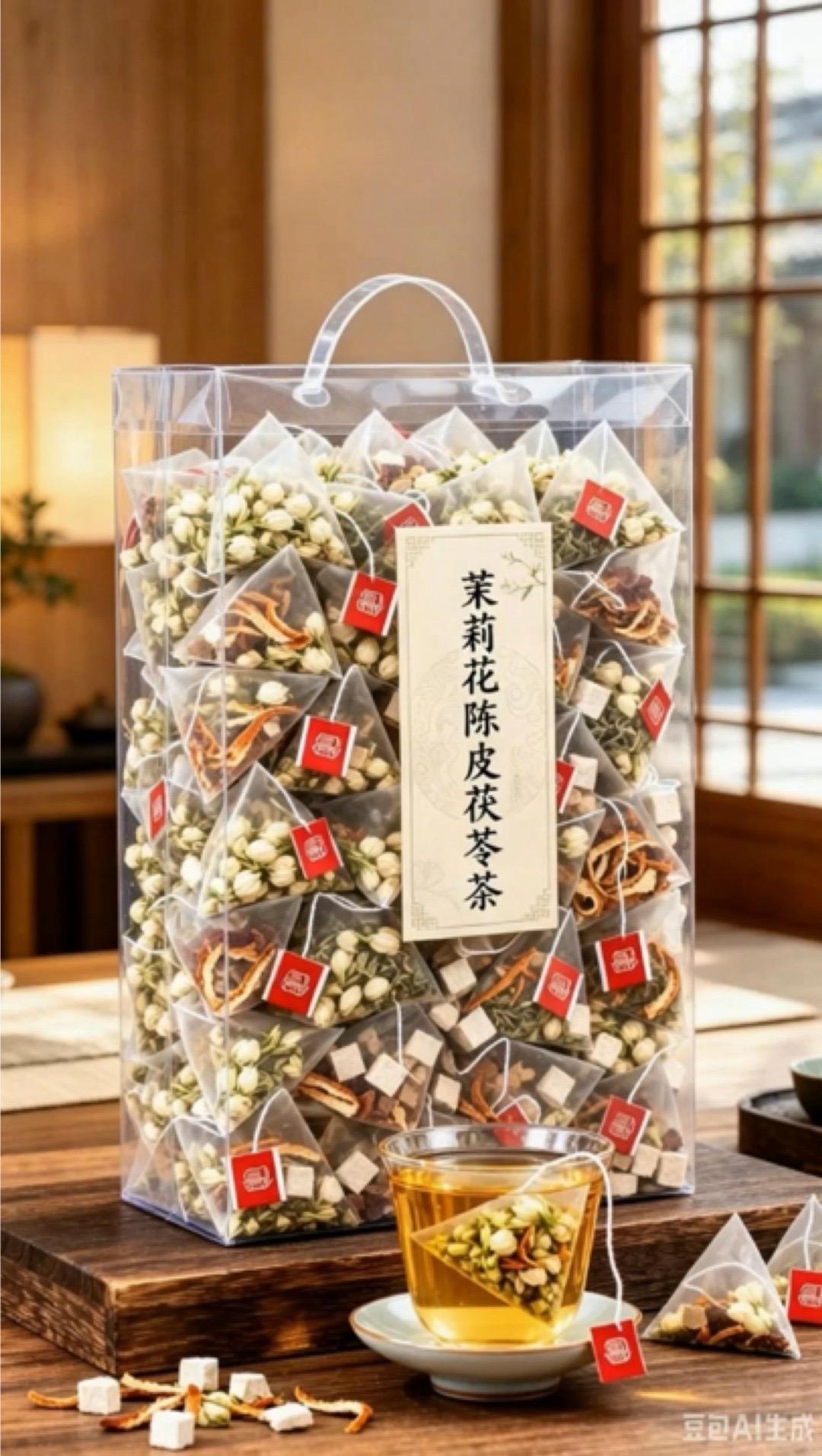 通透三角袋完整呈现原材，配比均衡分量充足，没有细碎粉末。茶汤香气淡雅柔...