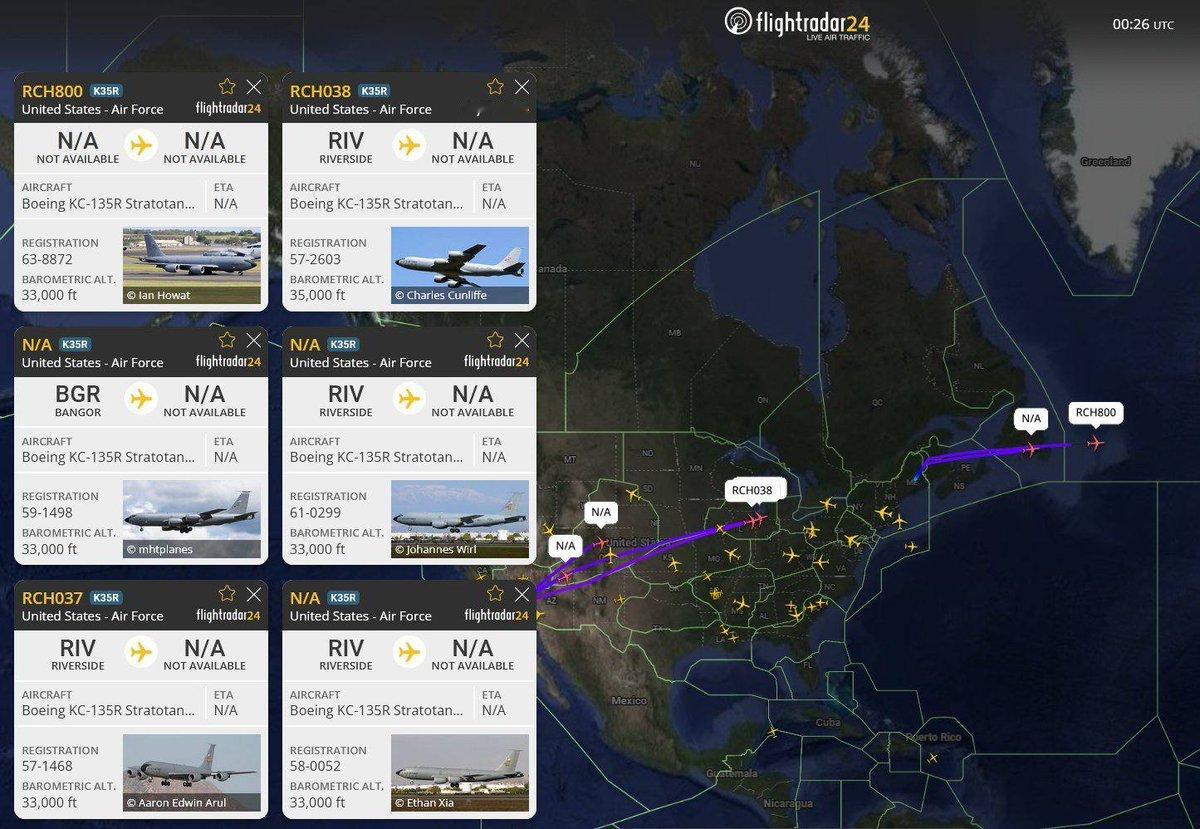 ❗美国空军目前正在进行大规模的重新部署，过去一小时内约有 10 架 KC-135