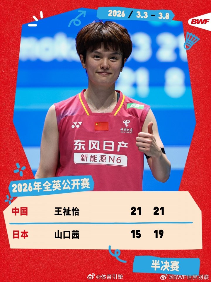 将与安洗莹争冠！王祉怡两盘击败山口茜，挺进全英公开赛决赛2026全英羽毛球公开赛