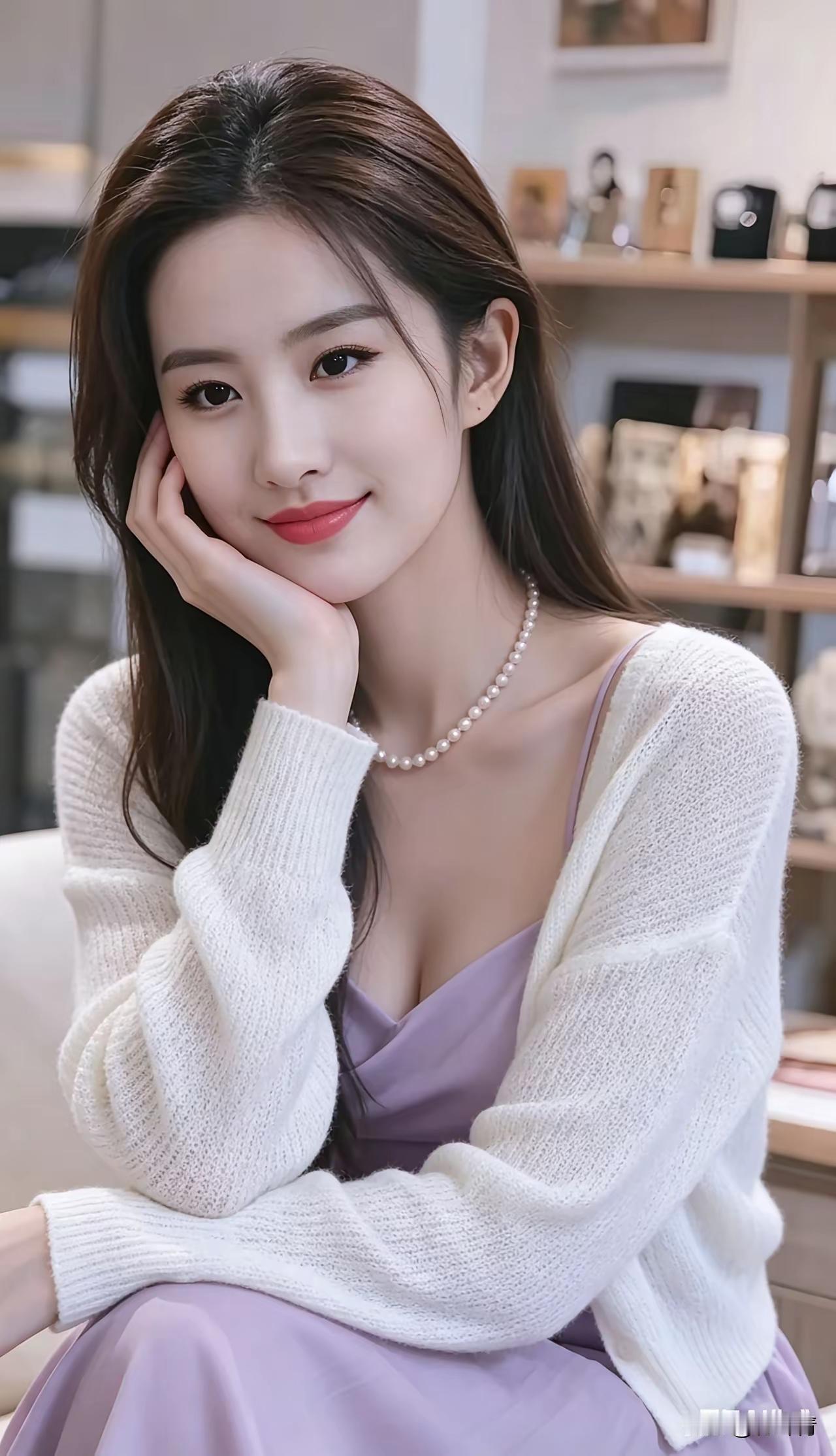 温柔甜美的少女，白色毛衣搭配紫色连衣裙，珍珠项链点缀，气质满分！💖💕