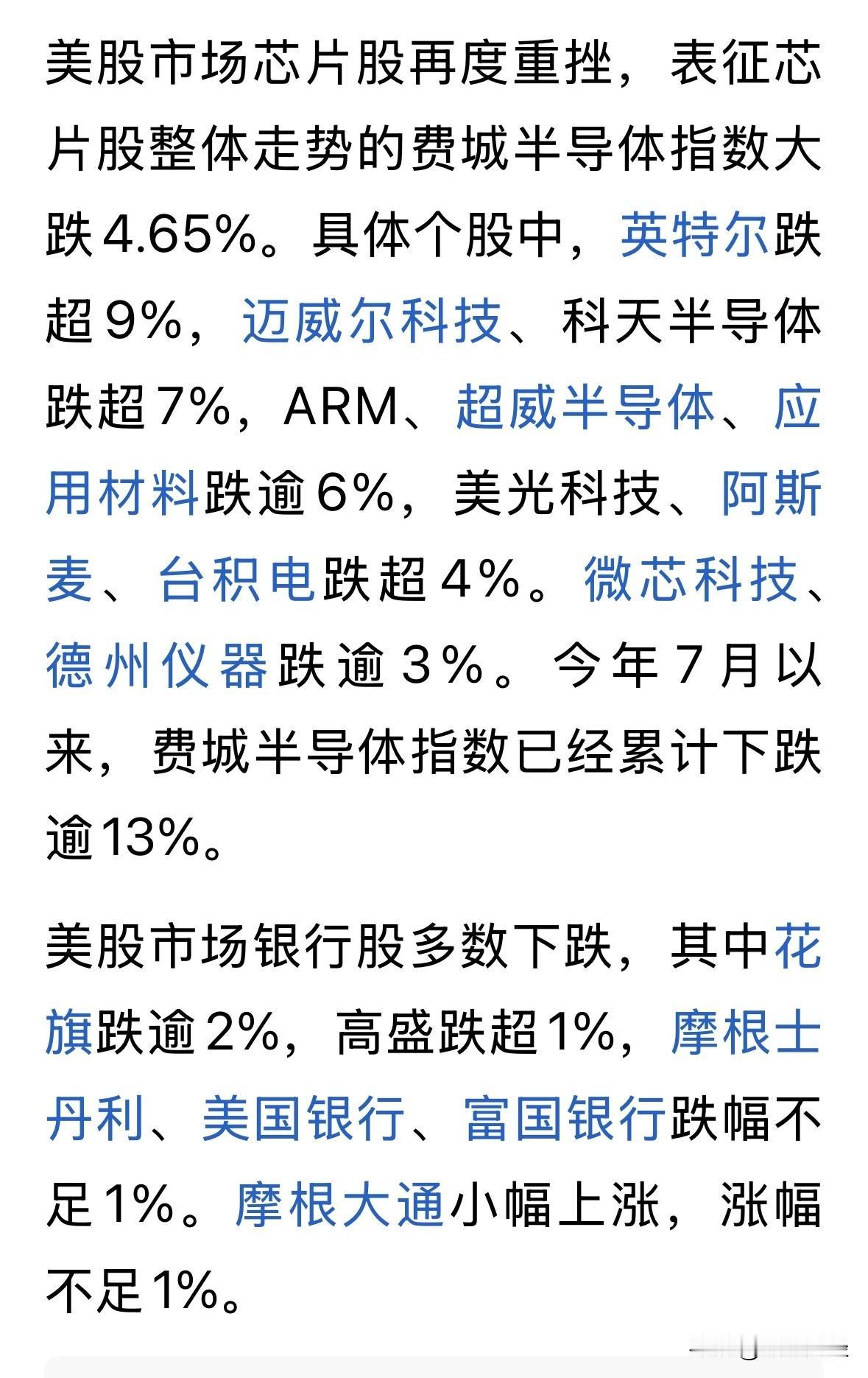 美股的费城半导体指数仅七月份短短数个交易日，就已经跌了13%，再跌几个点，就进入