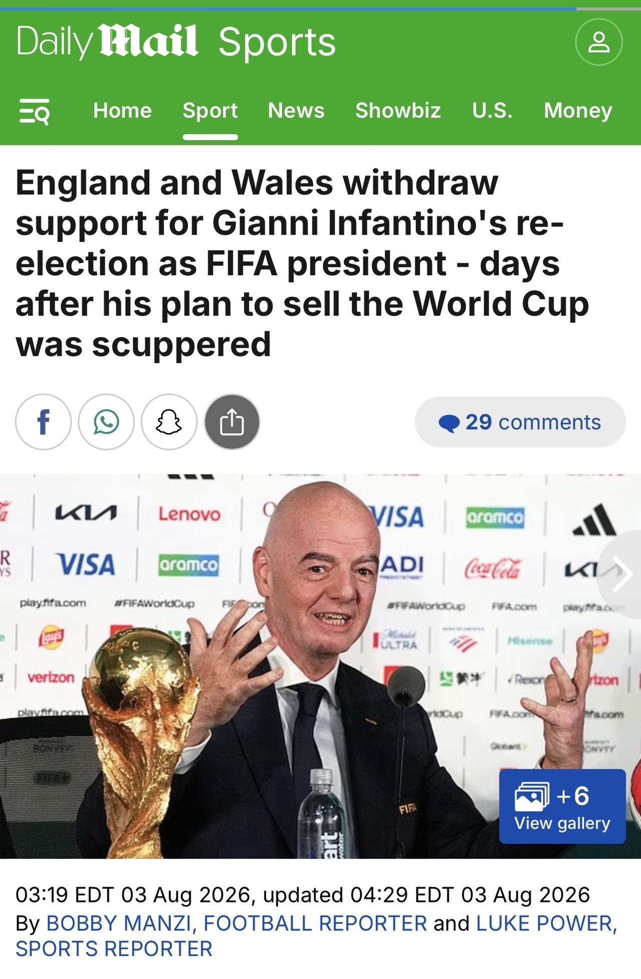 威尔士成为第一个撤回对詹尼·因凡蒂诺连任国际足联主席支持的国家，就在他的出售世界