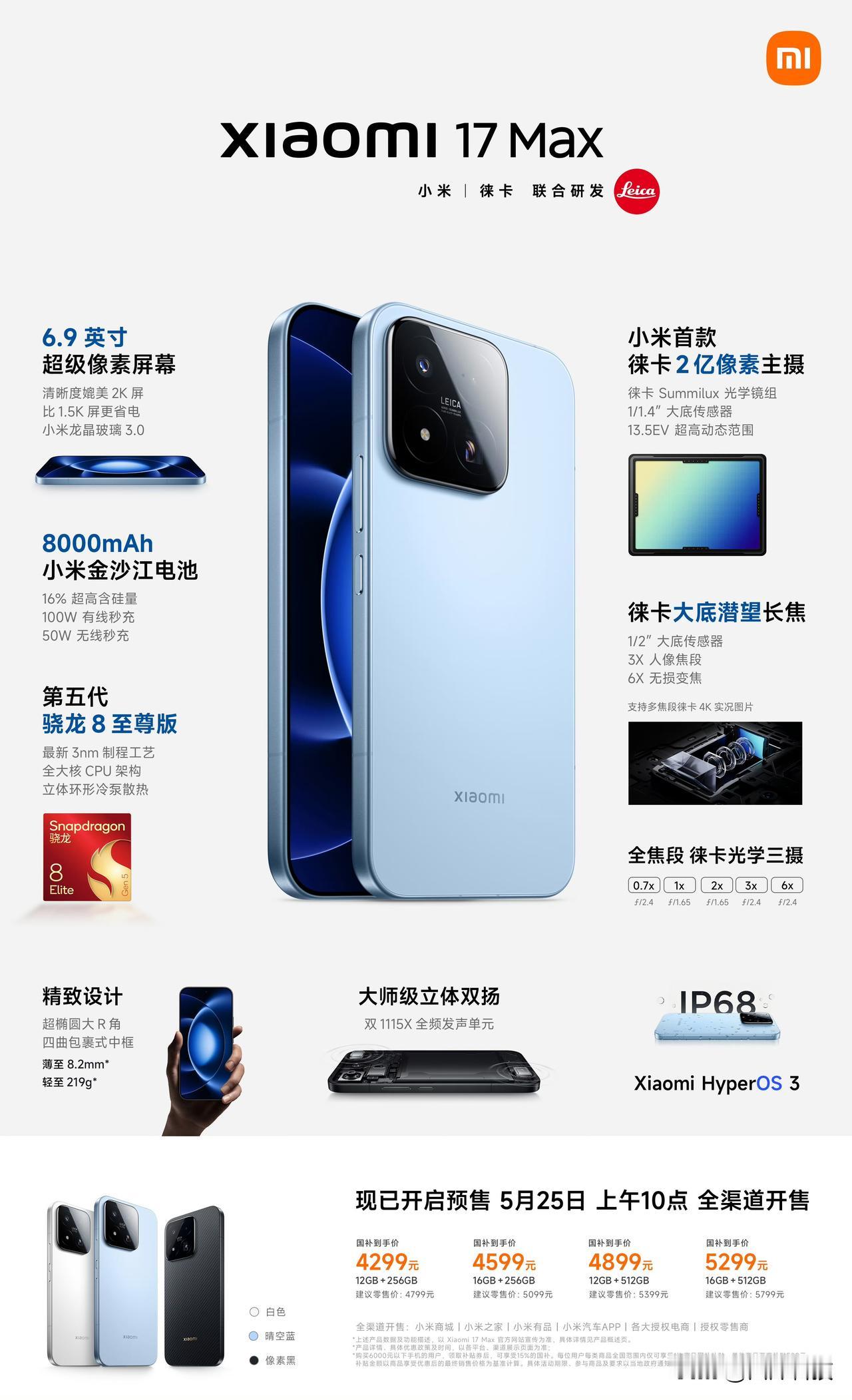 小米17Max正式发布，12+256GB起售价4799（国补4299）

主要参