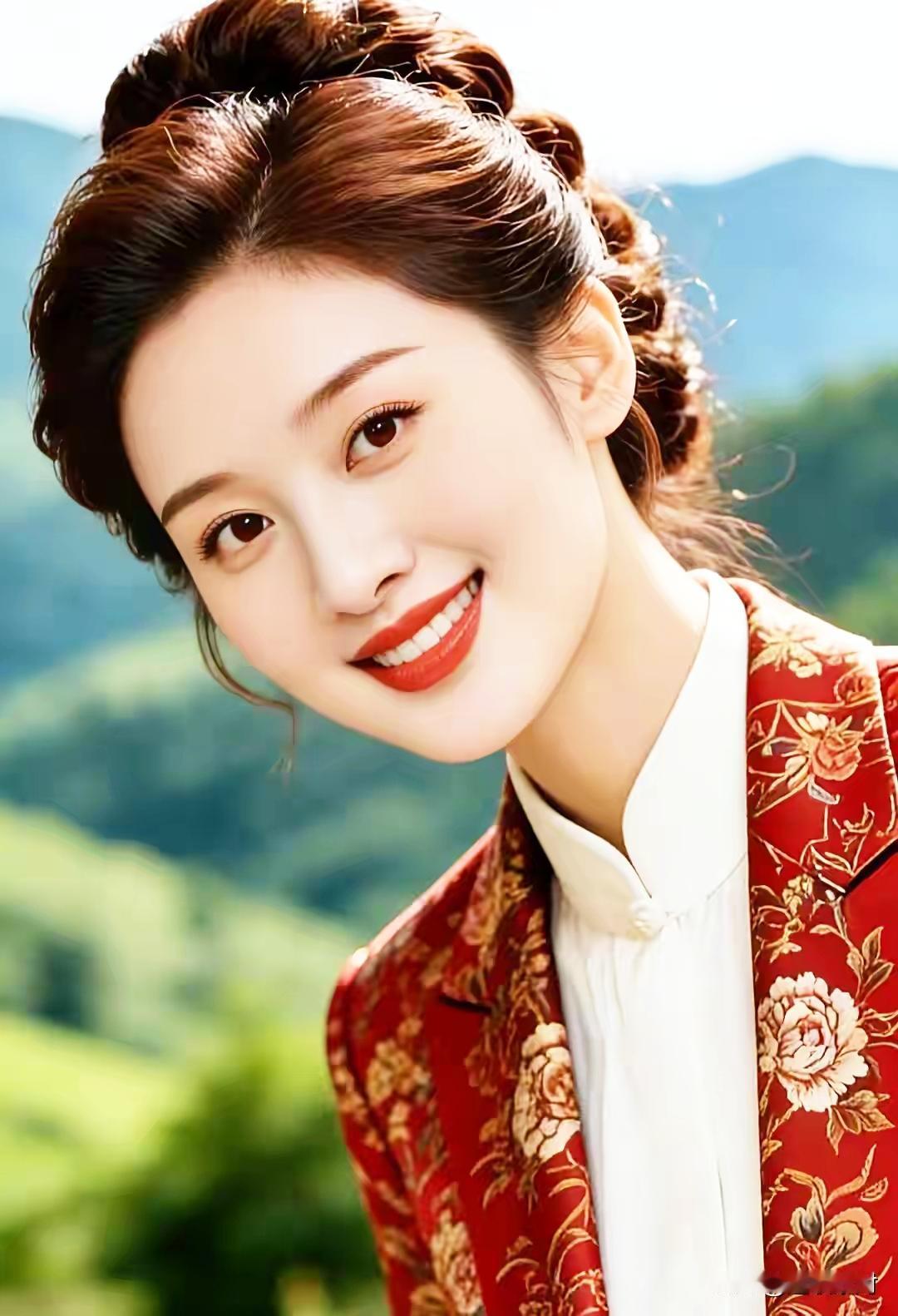 惊艳的古典美女，红衣华服，笑靥如花！