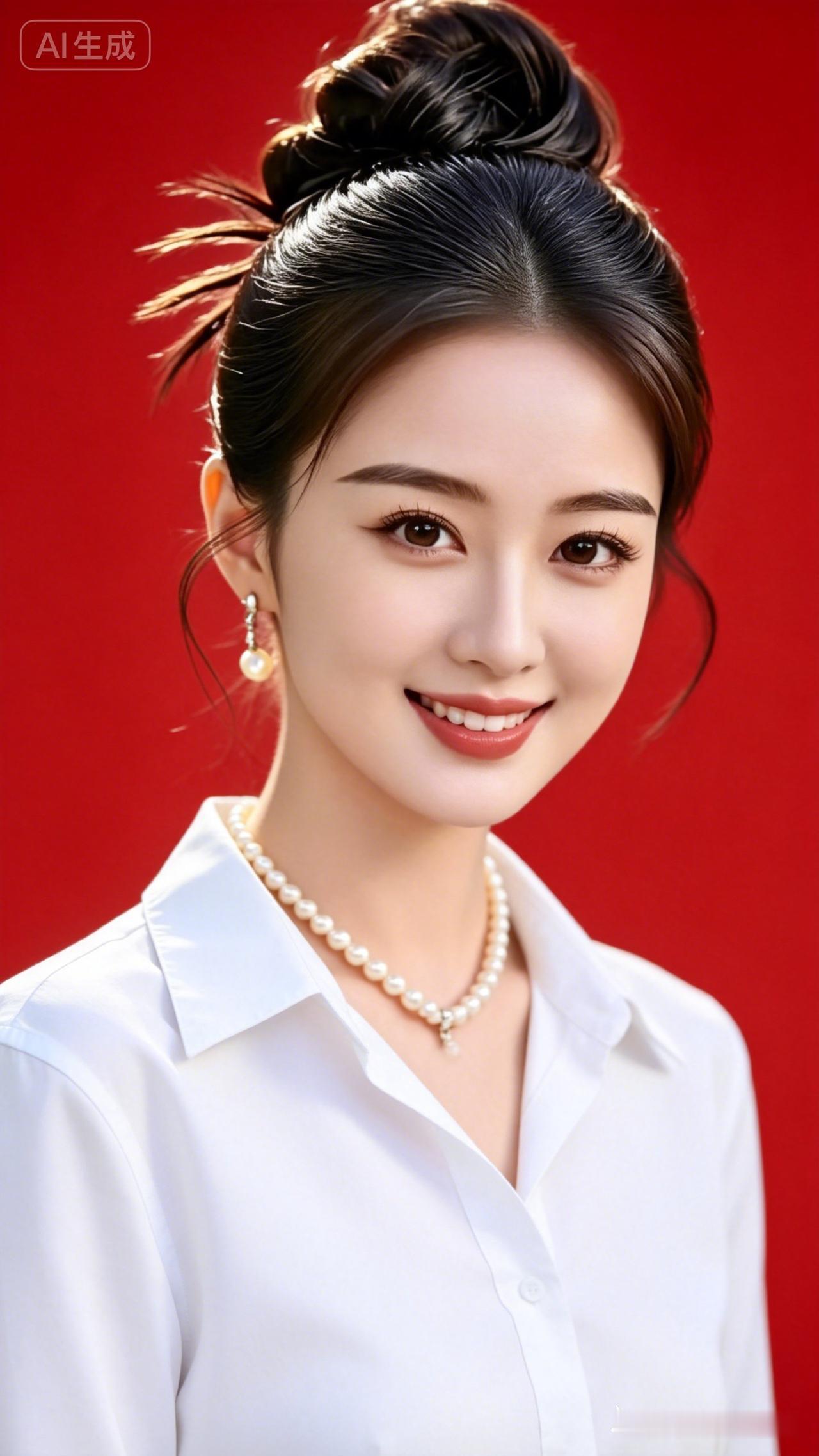 正红色纯色背景极简高级，甜美女人身着挺括白衬衣，成套珍珠耳坠与珍珠项链温润雅致，